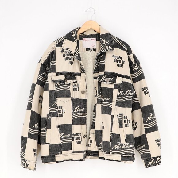 ACE REAPER Black/Off-White Checkerboard Graphic Print Denim Fleece Lined Jacket - Picture 1 of 9